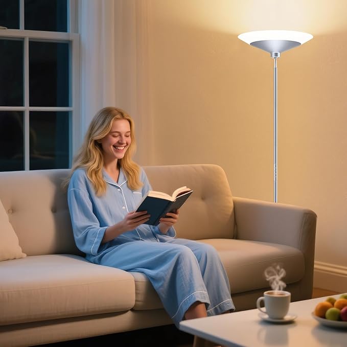 Silver Torchiere Floor Lamp - 30W Dimmable LED Standing Lamp with Remote/Button Control, 1800Lm, 3000-6500K, 72in Bright Standing Pole Light for Living Room Bedroom Office Corner