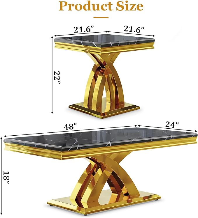 AUZ 3 Pieces Black Gold Living Room Table Set, Coffee Table and 2 End Side Table with X-Shape Design Polished Stainless Steel Frame