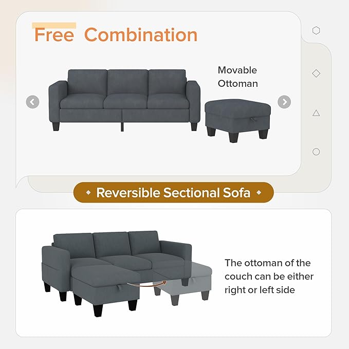 Sectional Sofa Couches for Living Room - 78''Convertible Modular Three-Seater L-Shaped Pet-Friendly Couch,Washable Sofa Cover-Bench Storage, Suitable for Small Living Room, Apartment,Office-Blue-Gray