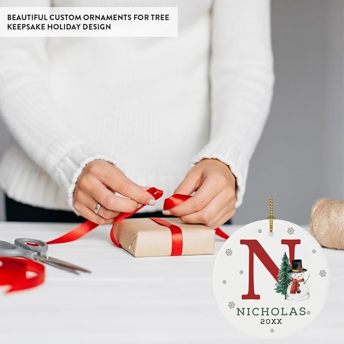 Andaz Press Personalized Ornament, Custom Name, Initial N Monogram Snowman 2.8" Ceramic Porcelain 2025 Christmas Ornament Keepsake for Kids, Boys, Girls, Includes Gold Ribbon & Gift Box, 1-Pack