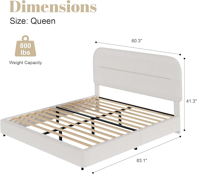 HOMBCK Full Size Boucle Bed Frame, Upholstered Bed Frame Full with Headboard, Soft BedFrame with Thickened Footboard, Soft Rounded Corners, No Box Spring Required, Easy Assembly, Cream