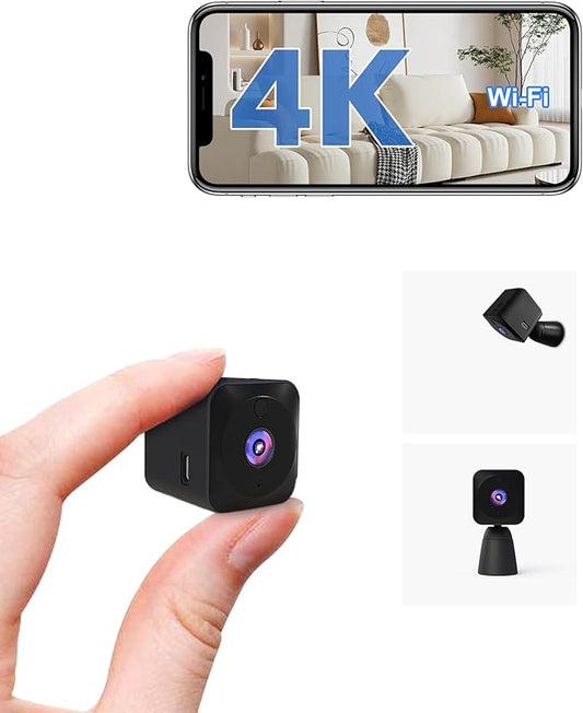 4K HD Mini Camera for Indoor Security with App Control Motion Detection & Night Vision Wireless WiFi Rechargeable Pet Camera for Home/Office 24/7 Cycle Save (Black-4K)