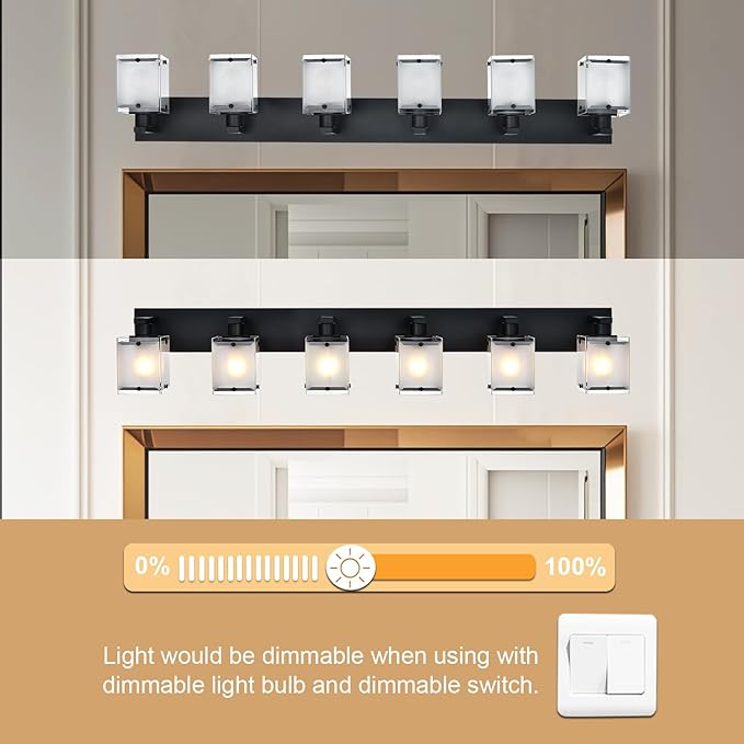 Bathroom Vanity Light Fixture, 6-Lights Modern Vanity Lighting Over Mirror with Frosted Glass Shades, Wall Mount Lamp for Bath Living Room, E26 Bulb Base