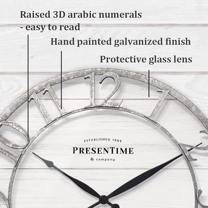 Presentime & Co 21" Farmhouse Series Wall Clock, Shiplap Style, Raised 3D Arabic Numeral, Galvanized Finish. Wall Décor for Living Room, Dining Room, and Entryway.