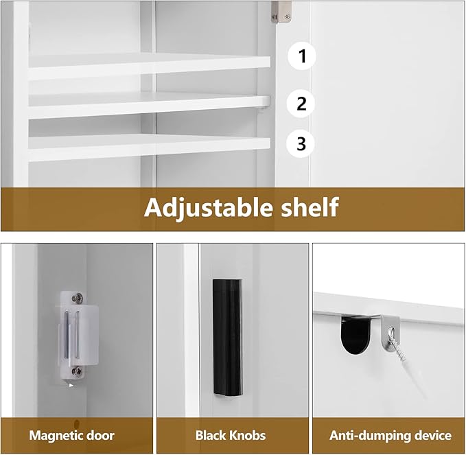 usikey 67'' Tall Bathroom Cabinet, Storage Cabinet with 4 Shelves & 2 Doors, Narrow Storage Cabinets for Bathroom, Living Room, Home Office, White