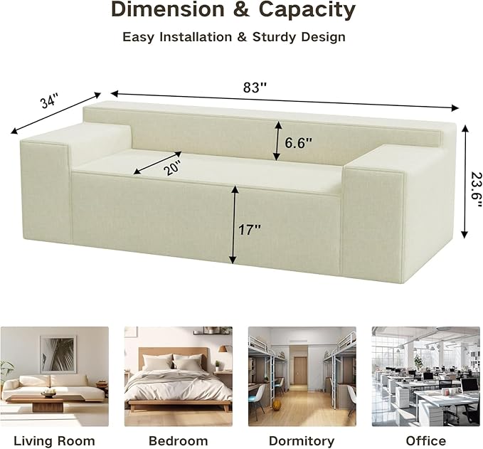 Modular Sectional Sofa, 3 Seater 105" Deep Seat Corduroy Lounge Sofa with Movable Cushions, Modular Couch for Small Spaces, Living Room, Bedroom, Apartment, Office - Beige