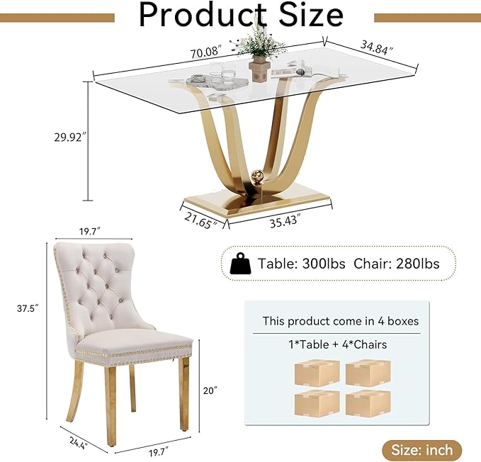 70" Modern Gold Glass Dining Table Set for 4, 5-Piece Rectangle Kitchen Dining Room Table Set with Steel Base & 4 Beige Velvet Upholstered Chairs, Modern Glass Kitchen Table and Chairs Set of 4