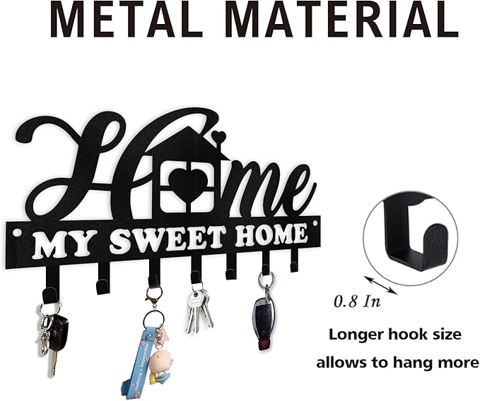 Personalized Sweet Home Key Holder - Black Metal Key Hanger Wall Decorative, Organizer with Hooks, Housewarming Gifts