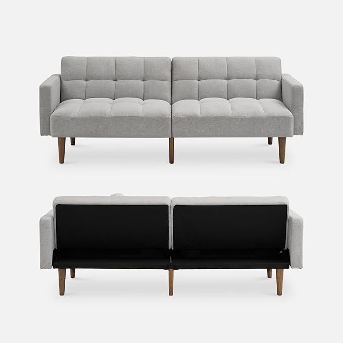 mopio Aaron 76.8" Couch, Small Futon Sofa Bed, Sleeper, Loveseat, Mid Century Modern Futon Couch, Sofa Cama, Couches for Living Room, Bedroom (Light Gray, Fabric)