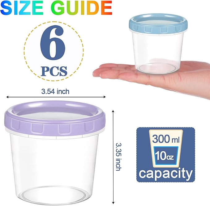 6pcs 10 oz Plastic Containers with Screw Lids, Reusable Clear Food Storage Containers with Pen and Brush for Snack Salad Fruit, Leakproof Small Freezer Containers, Microwave & Dishwasher Safe