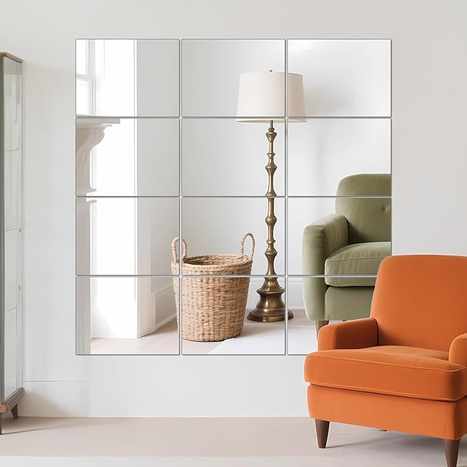 Ruomeng Home Gym Mirror Tiles - 12" x 16" x 12Pcs Frameless Full Length Wall Mirror Tiles Wall Mounted Mirror for Vanity Bedroom, Living Room