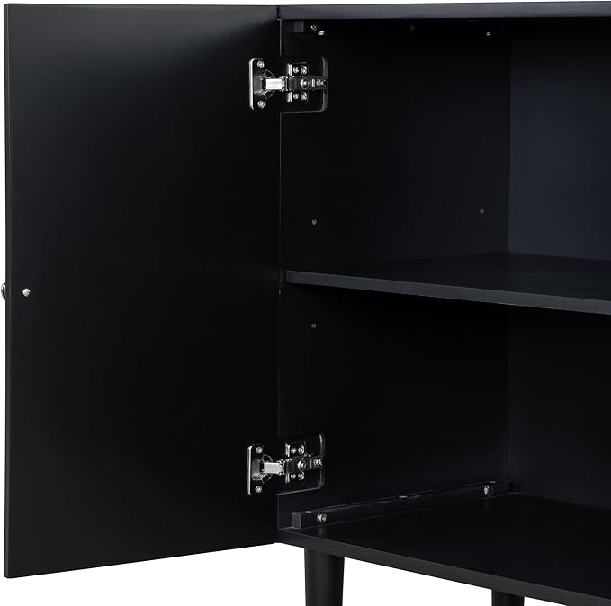 Modern Elegant Sideboard with 4 Wavy Pattern Doors and Cylindrical Legs, 58'' Storage Cabinets with Adjustable Shelves, Accent Entryway Cabinet for Living Room Hallway Kitchen (Black-4UV)