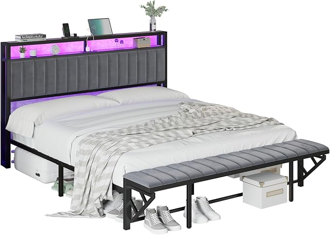 King Bed Frame with LED Light and Charging Station, Velvet Upholstered Headboard with Storage Shelf, Heavy Duty Metal Slats/No Box Spring Needed/Easy Assembly, Grey