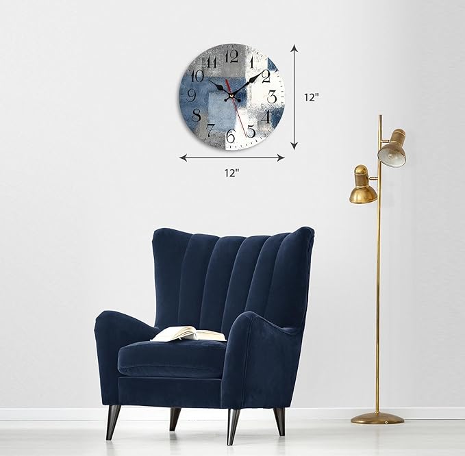 ArtSocket Wooden Wall Clock Silent Non-Ticking, Blue White Grey Abstract Painting Gray Vintage Round Wall Clocks Decor for Home Kitchen Living Room Office, Battery Operated(12 Inch)