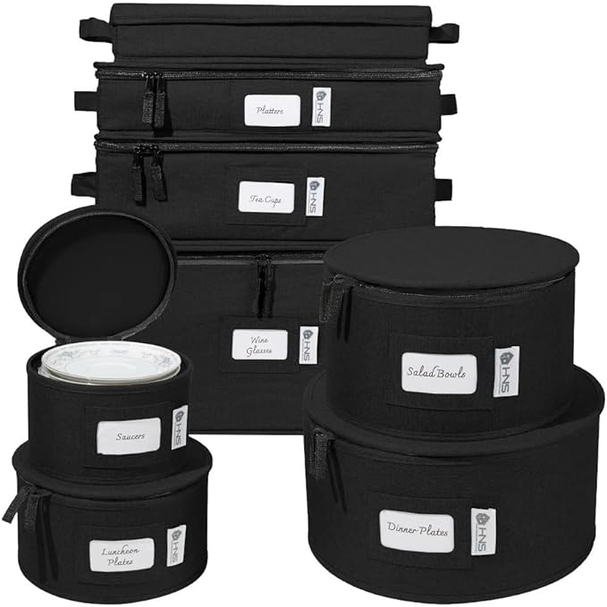 Hard Shell China Storage Containers 8-Piece Set Moving Boxes for Dinnerware, Glasses, Plates, Mugs and Saucers Sturdy Dish Organizer with Dividers for Seasonal Storage - Service for 12 - Black