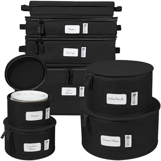 Hard Shell China Storage Containers 8-Piece Set Moving Boxes for Dinnerware, Glasses, Plates, Mugs and Saucers Sturdy Dish Organizer with Dividers for Seasonal Storage - Service for 12 - Black
