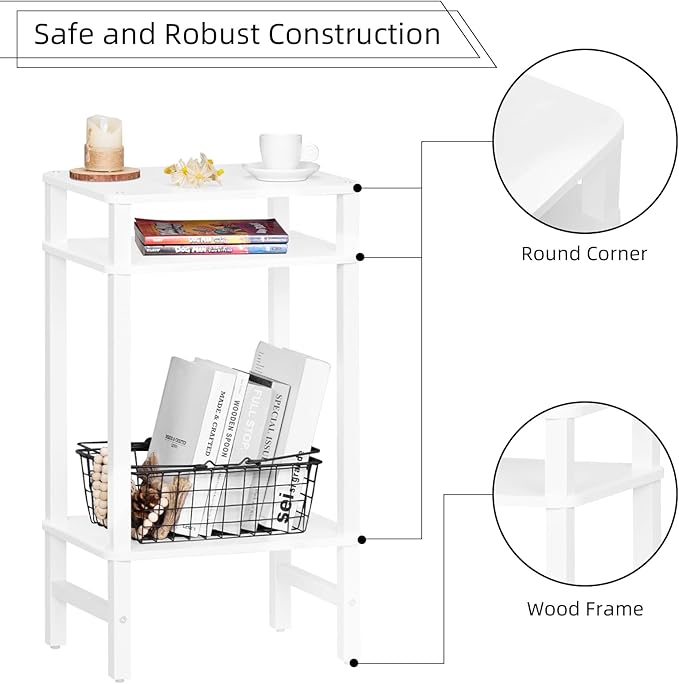 28in Tall Side Table 3-Tier Small Narrow End Table for Couch, Skinny Nightstand for Small Space, Farmhouse Slim Night Stand with Storage, Wooden Frame Thin Bedside Table, for Living Room, White