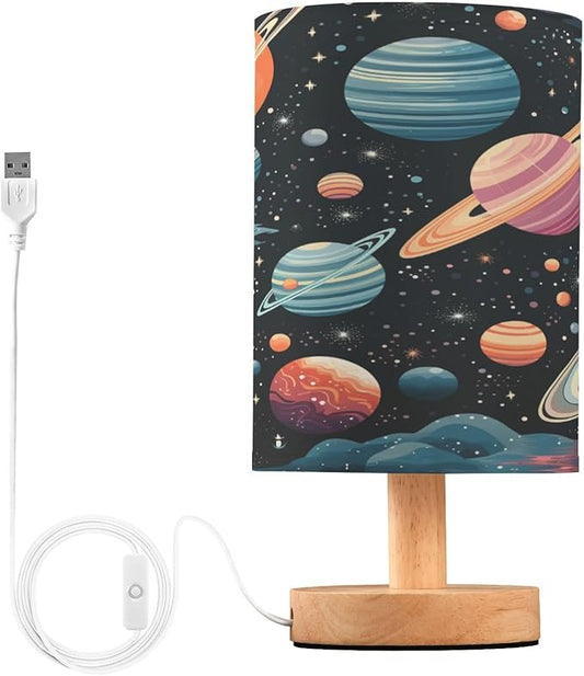 Space Planet Astronomy LED Table Lamp for Bedroom Bedside Lamp with USB Charging Ports Decor Nightstand for Living Room Reading Dorm Desk Home Office