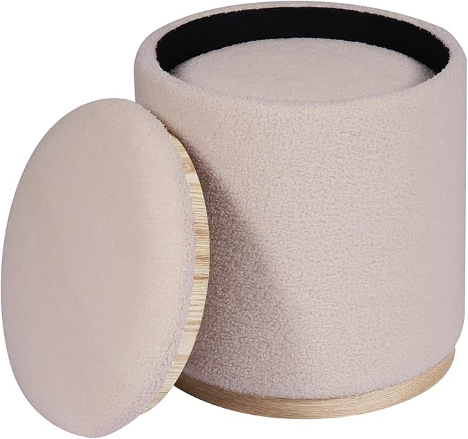 PINPLUS Round Ottoman with Storage Set of 2, Vanity Stool with Storage, Small Ottoman with Tray Teddy Velvet Foot Rest Stool Ottoman for Bedroom, Living Room, Dorm (Beige)