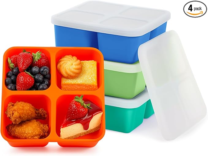 Roshtia 4 Pack Silicone Food Containers with Lids, Reusable Packs Bento Lunch Box for Meal Prep Food Storage, Microwave Dishwasher Safe (4 Compartment,Light)