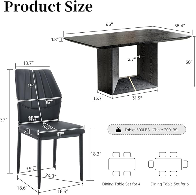 63" Modern Black Dining Table Set for 4 with Chairs, 5 Piece Rectangular Dining Room Table and 4 PU Leather Chairs, Kitchen Dining Set with Matte Wood Finish, Geometric Base, Easy Assembly