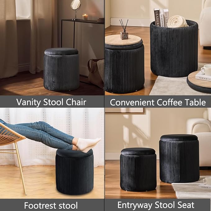 Round Ottoman with Storage Set of 2-Upholstered Sherpa Vanity Stool for Makeup Multifunctional Ottomans Coffee Table Padded Seat Foot Rest (Black)