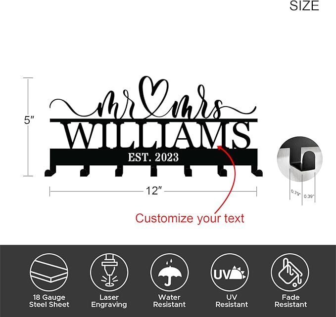 Custom Metal Key Holder for Wall – Personalized Couples Name Key Rack with 7 Hooks for Entryway, Front Door, Kitchen, Bathroom, Living Room, Bedroom, Mr and Mrs Gift