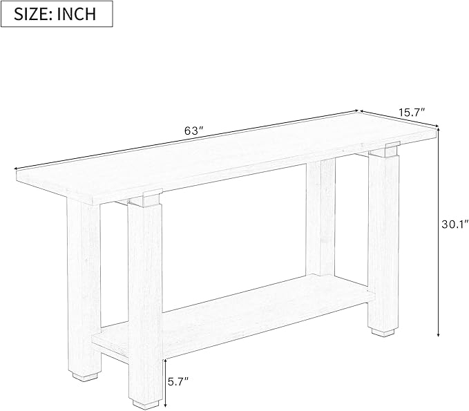 63" Modern Minimalist Console Table with Storage Shelf, Solid Wood Industrial Entryway Sofa Table with Metal Accents for Living Room, Hallway (Gray)