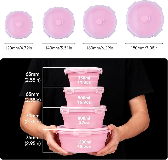 Collapsible Food Storage Containers Set, 4 Pack Round Silicone Collapsible Bowls with Lids, Silicone Lunch Container, Foldable Food Bowl for Kitchen & Camping Containers 4 Sizes