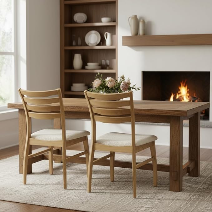 DUOMAY Farmhouse Dining Chairs Set of 2, Fur White Upholstered Side Chairs Solid Wood Ladder Back Kitchen Chairs for Home Dining Room, Light Browm Frame