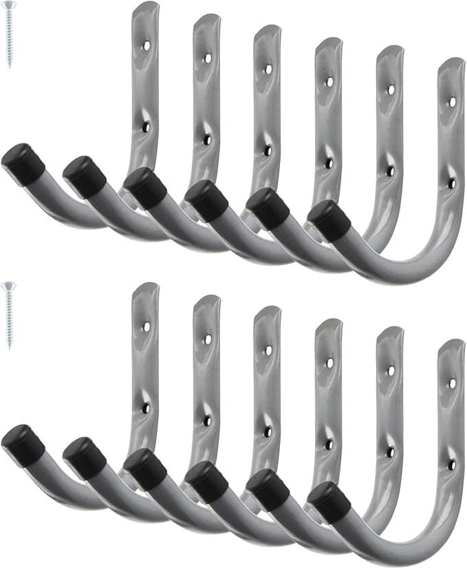 HOME MASTER HARDWARE 12 Pack 4-Inch Heavy Duty Garage Storage Wall Hooks, Steel J Utility Hooks for Hanging Ladders, Tools, Bikes, Grey