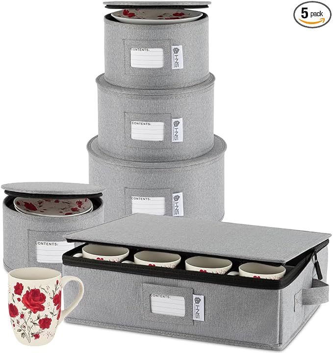 Hard Shell China Storage Containers 5-Piece Set Moving Boxes for Dinnerware, Glasses, Plates, Mugs and Saucers Sturdy Dish Organizer with Dividers for Seasonal Storage - Service for 12 - Gray