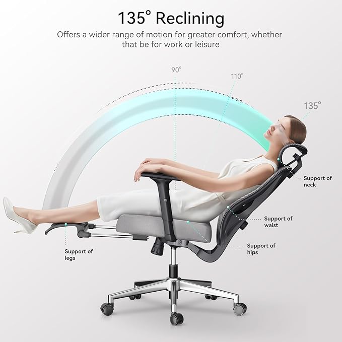 Hbada Office Chair, Desk Chair with Adjustable Lumbar Support and Height, Comfortable Mesh Computer Chair with Footrest 2D Headrest, Swivel Tilt Function Grey