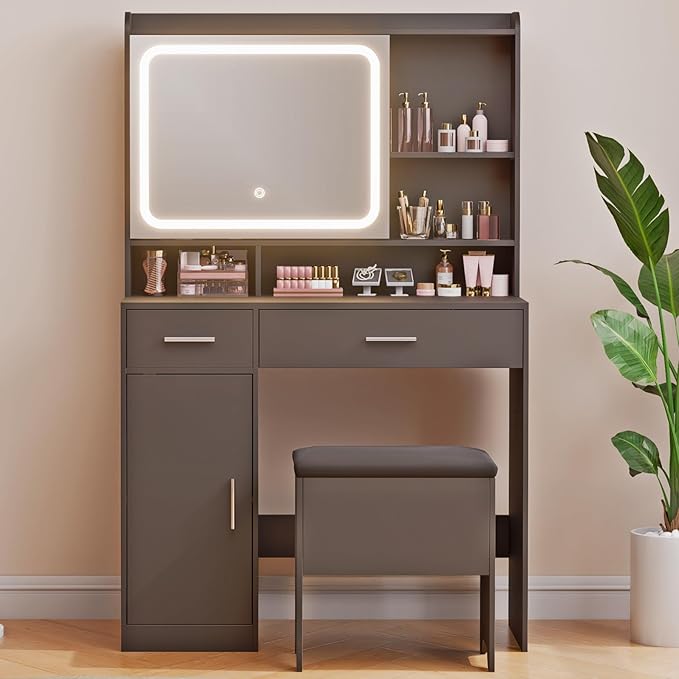 Vanity Desk with Sliding Mirror & Power Outlets - Dimmable LED Lighting, 4 Open Shelves, 2 Drawers, 1Storage Cabinet & Padded Stool - Ideal Bedroom Makeup Dressing Table （Black）