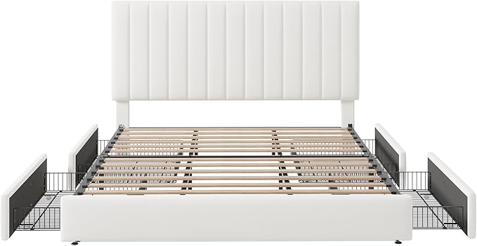Allewie King Size Storage Bed Frame, Vertical Channel Tufted Adjustable Headboard, Velvet Upholstered Platform Bed with 4 Oversized Underbed Drawers, Wooden Slats Support, No Box Spring Needed, White