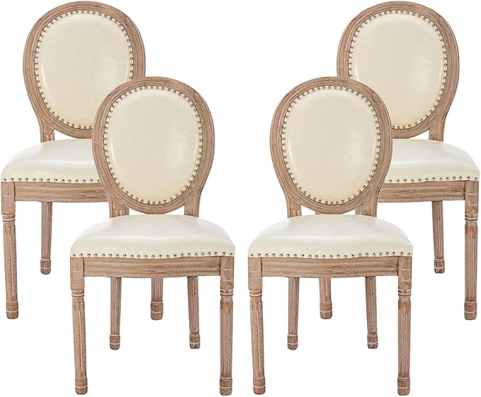 Nrizc French Country Dining Chairs Set of 4, Leather Farmhouse Dining Room Chairs with Round Back, Solid Wood Legs, Oval Side Chairs for Kitchen/Bedroom/Dining Room