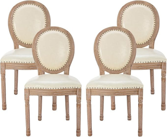 Nrizc French Country Dining Chairs Set of 4, Leather Farmhouse Dining Room Chairs with Round Back, Solid Wood Legs, Oval Side Chairs for Kitchen/Bedroom/Dining Room