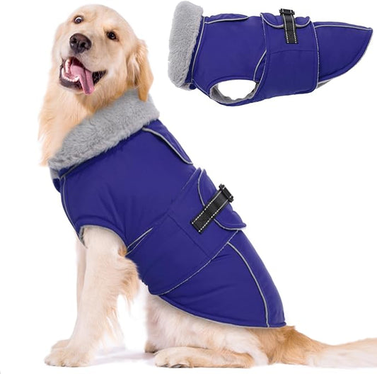 Lelepet Warm Dog Coat Reflective Fleece Vest Waterproof Dog Jacket with Adjustable Buckle Hook & Loop Windproof Cold Weather Coats for Small Medium Large Dogs, Blue, XXL
