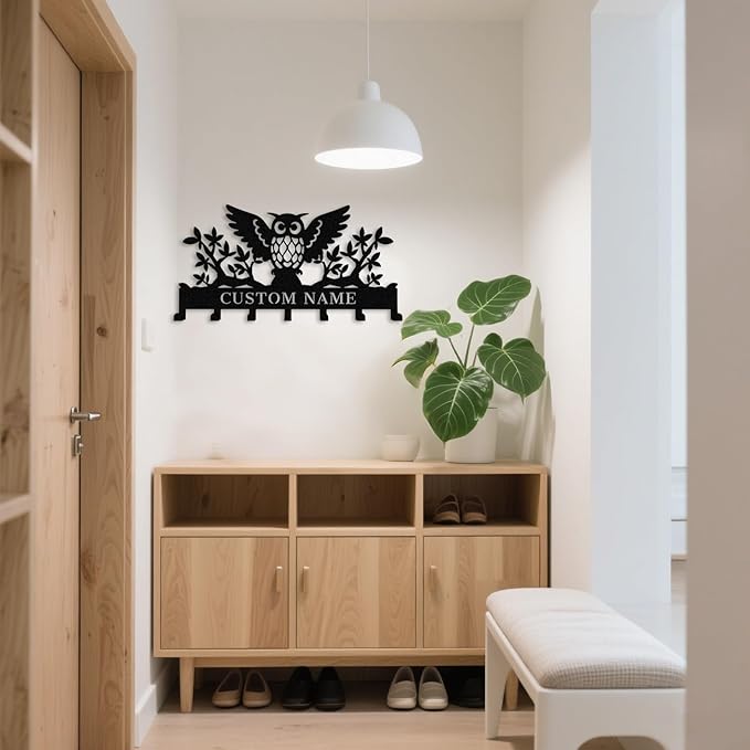 Personalized Owl Coat Rack Wall Hanging Key Holder,Custom Metal Name Key Hooks,Key Holder Wall Mount for Doorway,Bedroom,Kitchen,Housewarming Gift undefined undefined