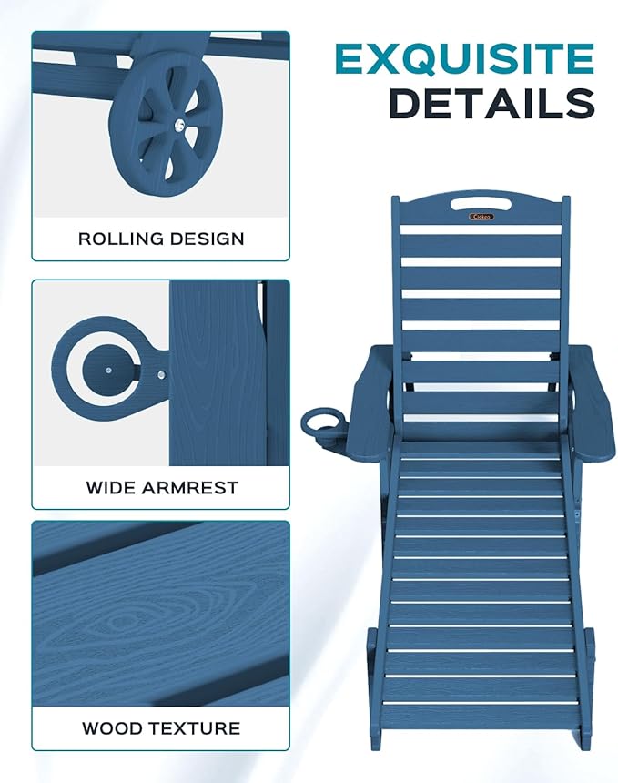 Outdoor Lounge Chair Set of 4, All Weather Patio Chaise Lounge Chair for Outside, HDPE Chair with Rolling Wheels & Cup Holder, 5 Position, Deck, Pool, Navy Blue