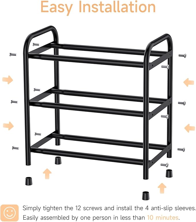 3 Tier Expandable Shoe Rack, Adjustable Shoe Shelf Storage Organizer, Black Shoe Organizer for Closet, Free Standing Shoe Rack for Entryway, Closet, Doorway, Garage