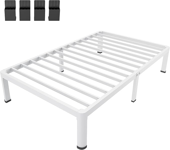 MAF 18 Inch Twin Bed Frames White with Round Corner Legs Mattress Slide Stopper No Box Spring Needed Heavy Duty Metal Platform Bed Frame Under-Bed Storage Space, 3000 LBS Steel Slats Support