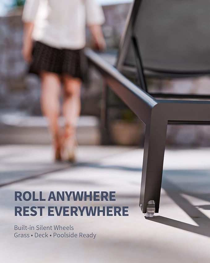 Aluminum Lounge Chairs Outdoor Chaise Furniture,2 Sets Patio Metal Deck Lounger Adjustable 5-Position Poolside Chase Recliner with Wheels for Beach,Coffee Table, (Gray, 2 Chairs + Table)