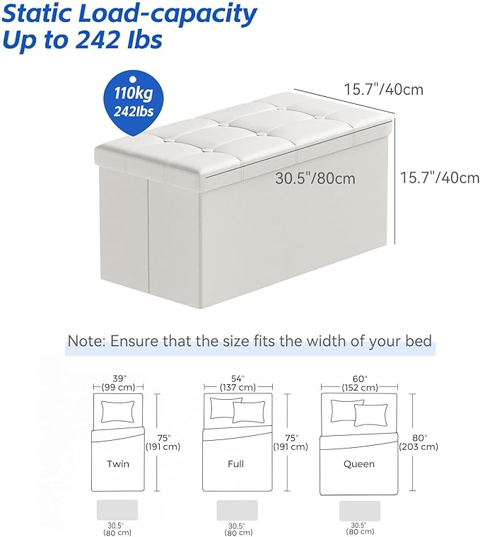 BRIAN & DANY 30 Inches Storage Ottoman Bench, Faux Leather Ottoman with Storage, Folding Bench Shoe, Foot Rest Stool, for Living Room, White