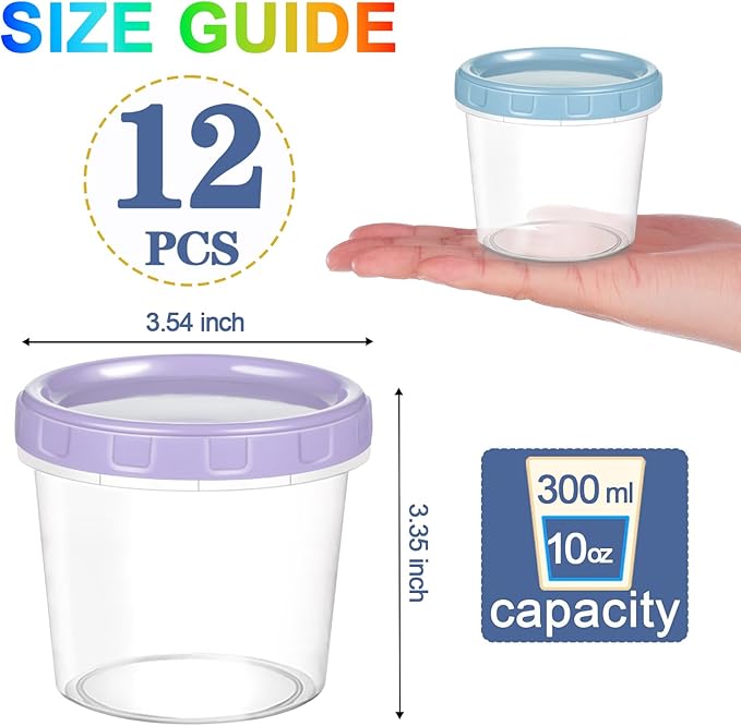 12pcs 10 oz Plastic Containers with Screw Lids, Reusable Clear Food Storage Containers with Pen and Brush for Snack Salad Fruit, Leakproof Small Freezer Container, Microwave & Dishwasher Safe