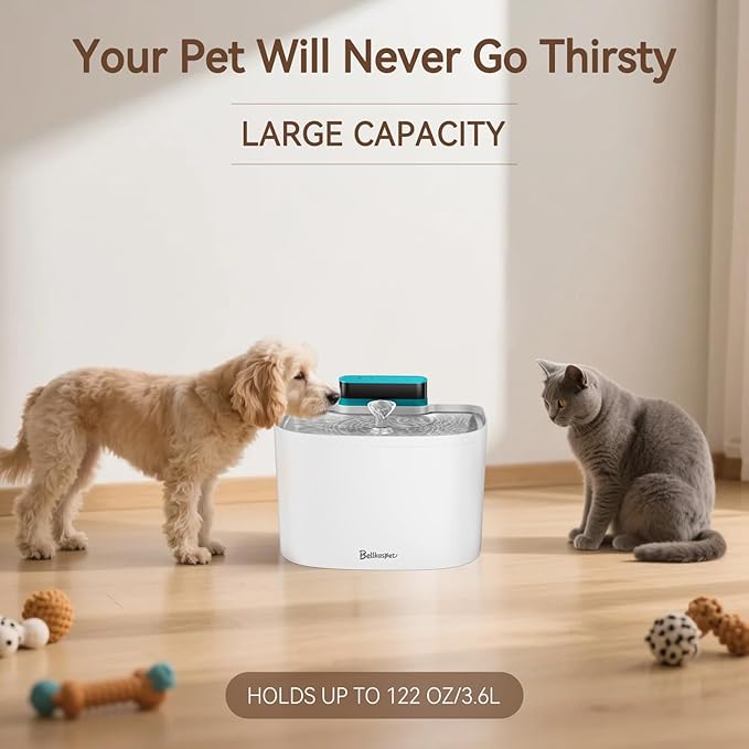 Cat Water Fountain, 122oz/3.6L Pumpless Cat Fountain, Cordless Water Fountains for Cats Indoor, Dog Pet Water Fountain Battery Operated with Stainless Steel Tray (White, Fountain+2 Fliters)