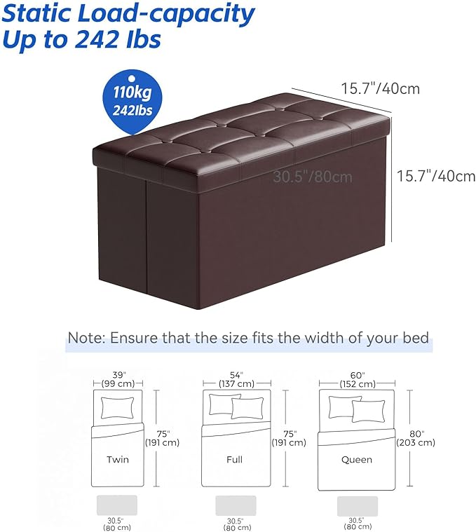 BRIAN & DANY 30 Inches Storage Ottoman Bench, Faux Leather Ottoman with Storage, Folding Bench Shoe, Foot Rest Stool, for Living Room, Brown