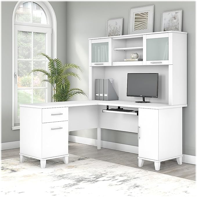 Bush Furniture Somerset 60W L Shaped Desk with Hutch in White