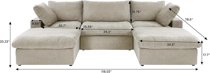 Cloud Couch 120" Sectional Couches for Living Room/Modular Convertible U Shaped Sofa Couch with 2 Storage Ottomans,5 Seater Minimalist Wide Deep Seat Sets (Khaki, 5 Seater)