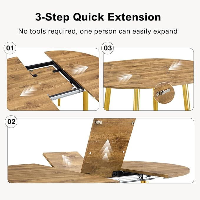 42" Round Dining Table for 4, 54" Oval Dining Table for 6, Extendable Kitchen & Dining Room Table with Metal Legs, Modern Rustic Space-Saving Adjustable Shape Dinner Table, Easy Assembly,Oak
